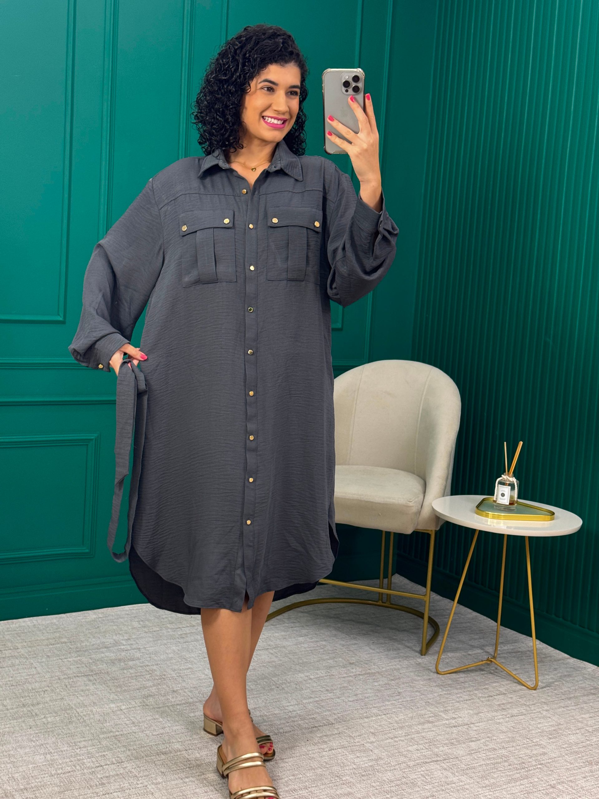 Vestido Chemise Chumbo com Bolsos - Dimy