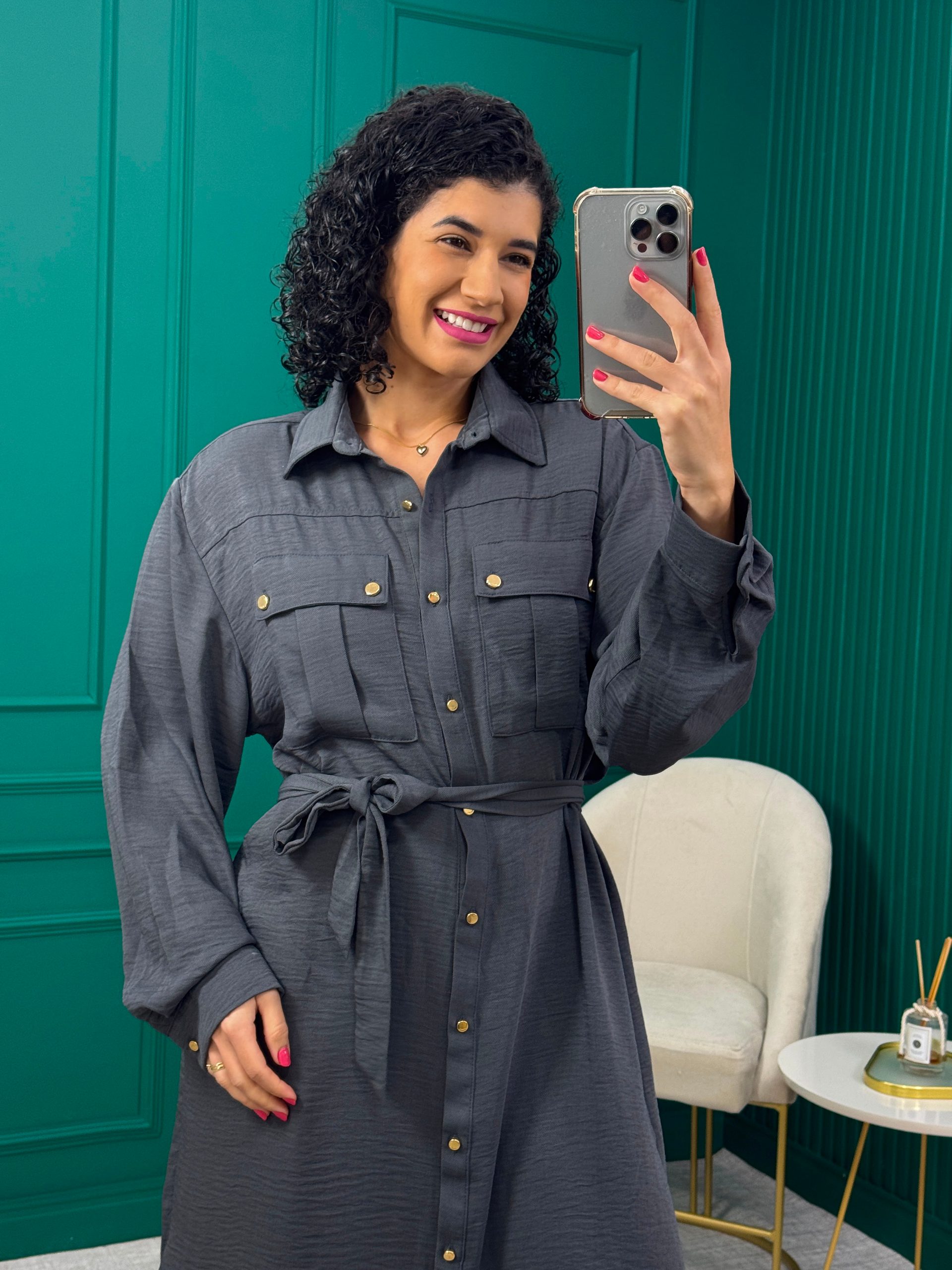 Vestido Chemise Chumbo com Bolsos - Dimy