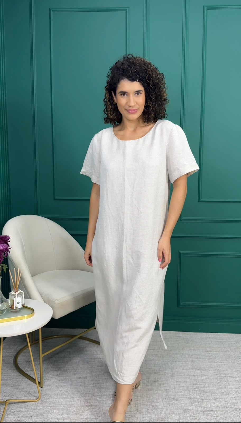 Vestido Midi de Linho Bege Claro - ENTS ENCANTOS