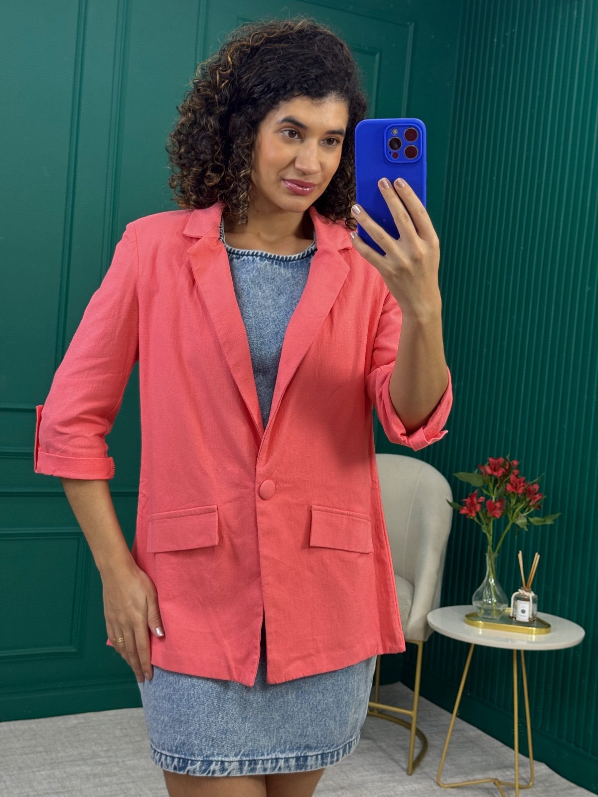 Blazer Coral em Viscose e Linho com Lapela e Ombreira - Chuá
