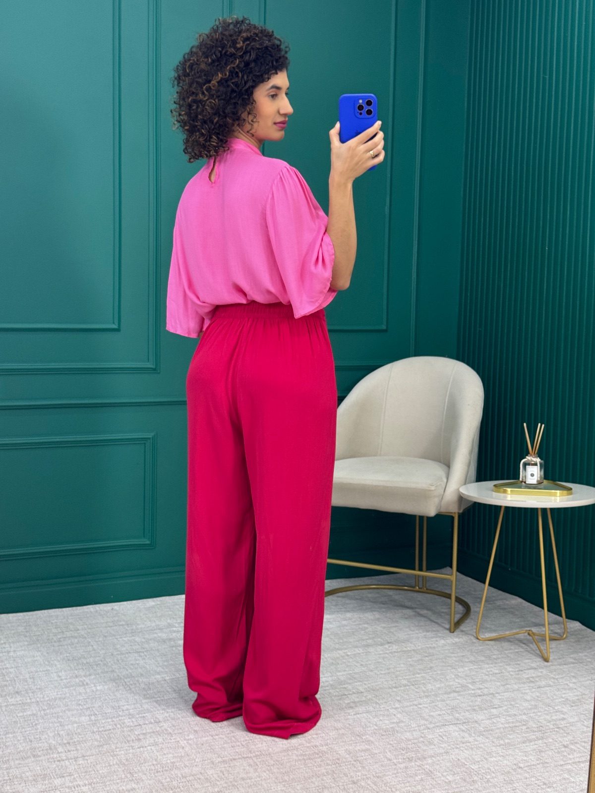 Calça Pantalona Cereja 100% Viscose com Cinto Elástico no Cós - Patrícia Foster