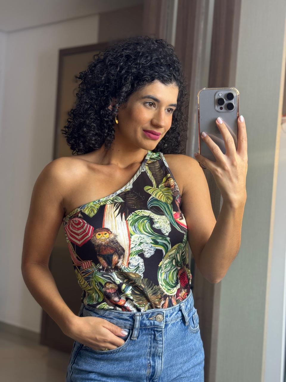 Body Nula Manga com Estamparia Tropical Macacos em Neoprene - Colcci