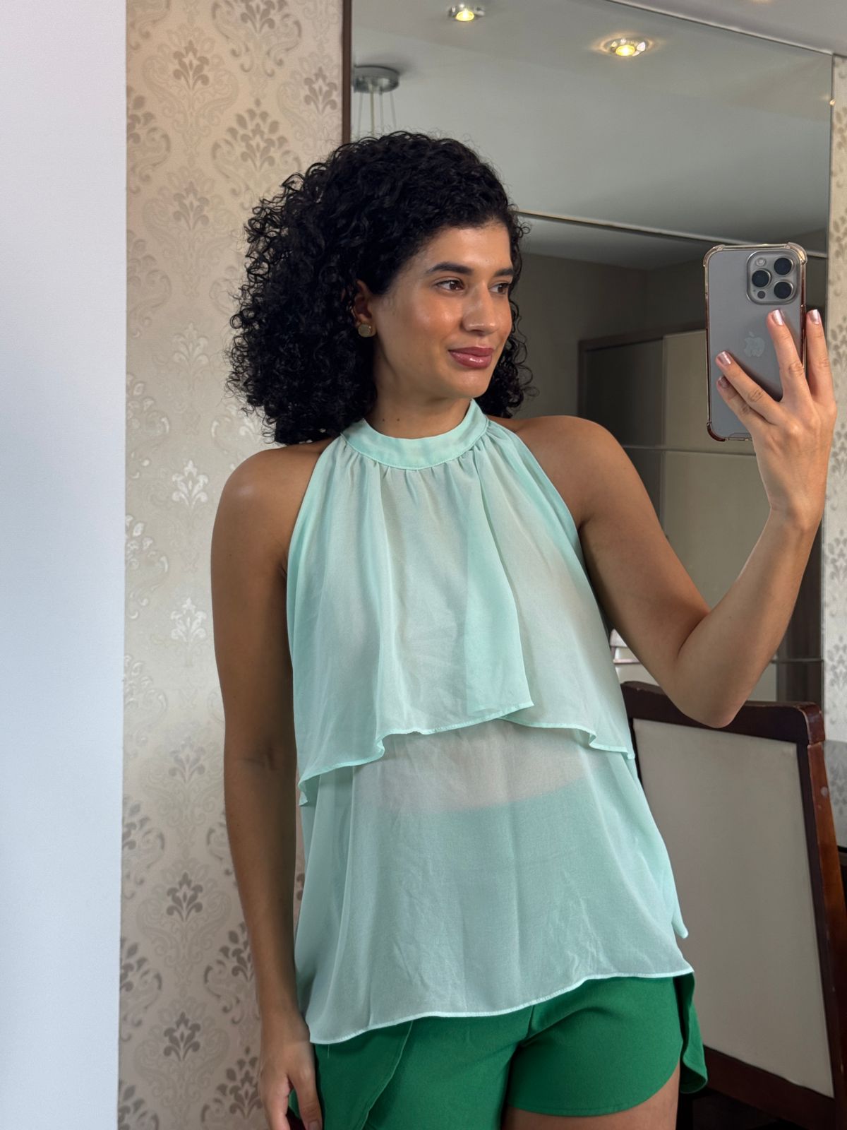 Blusa Chiffon Verde Água Frente Única - Mini Moni