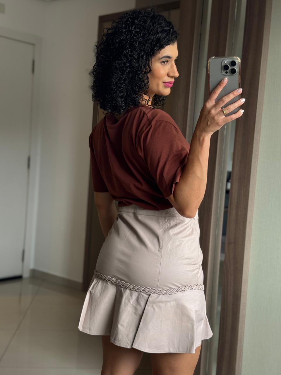 Saia Rosê em Couro Natural com Detalhes e Zíper Lateral - Liziane Richter