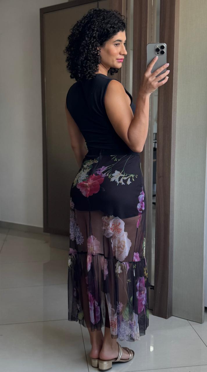 Saia midi tule floral com forro e zíper - Colcci