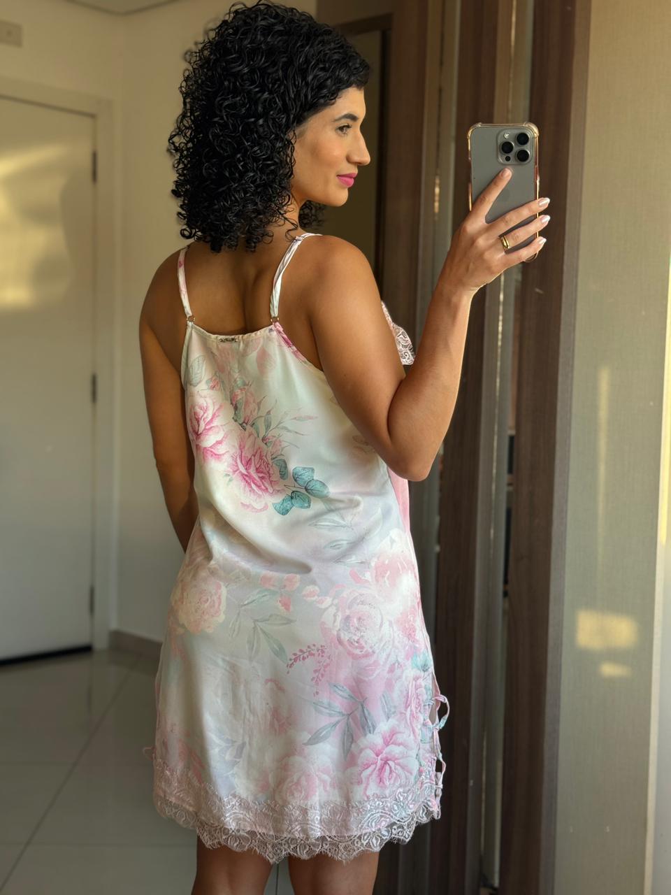Camisola Rosa Floral com Forro Alça Regulável e Renda Chantilly - Perfect Way