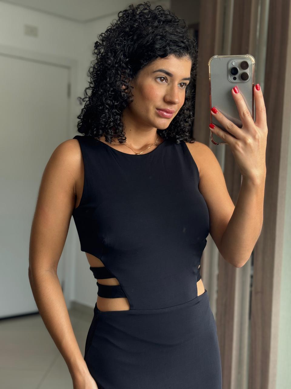 Vestido Longo Preto Sereia Duplo com Forro, Zíper, Bojo e Abertura na Cintura - Iorane