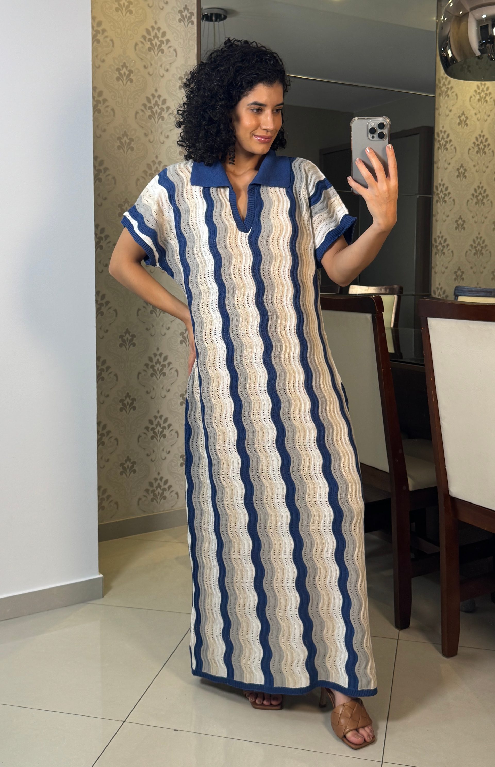 Vestido tricot azul com gola - Ademar Malhas