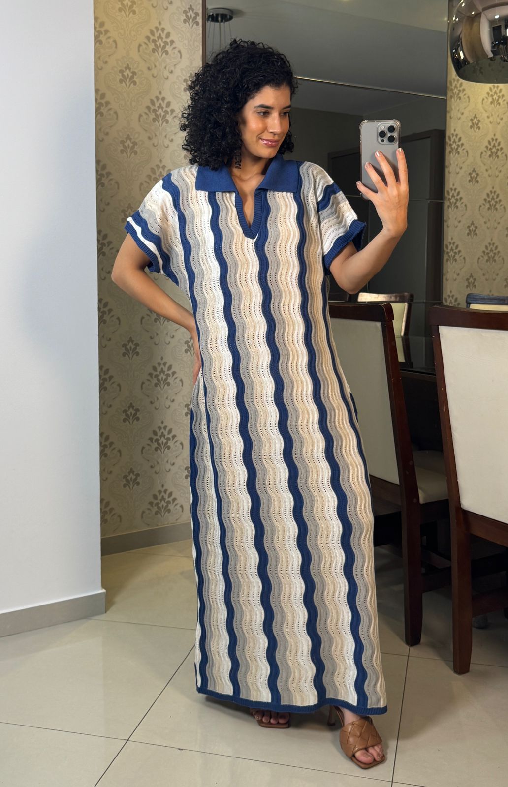 Vestido tricot azul com gola - Ademar Malhas