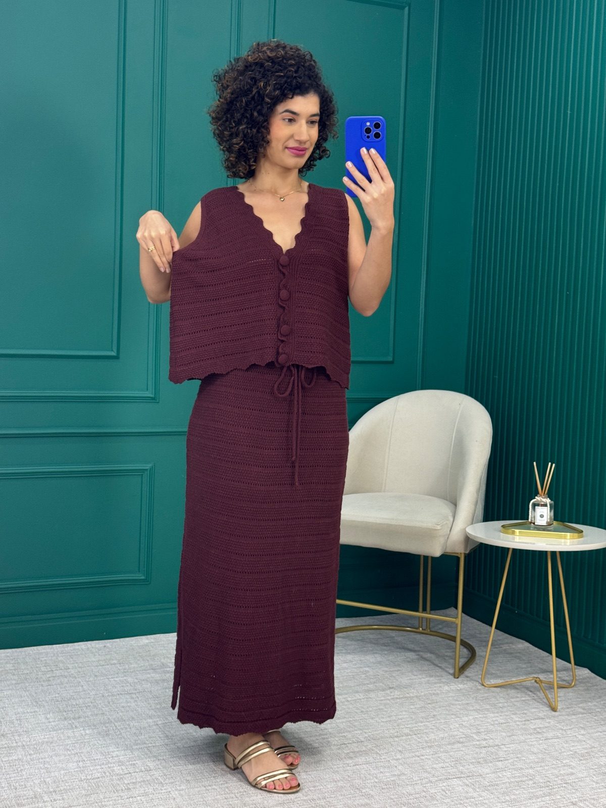 Conjunto de Tricô Colete e Saia Midi Vinho - Ademar malhas