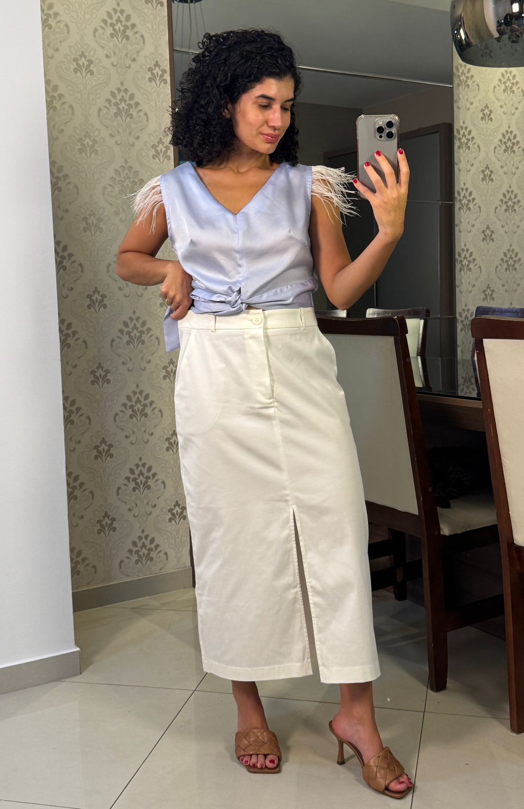 Saia lápis com fenda  off-white - Encantos