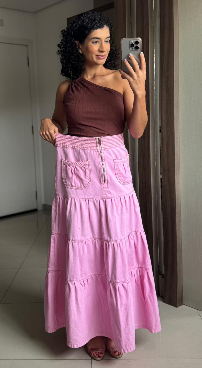 Saia longa rosa 100% algodão corte três marias com zíper e bolso - Bardôh