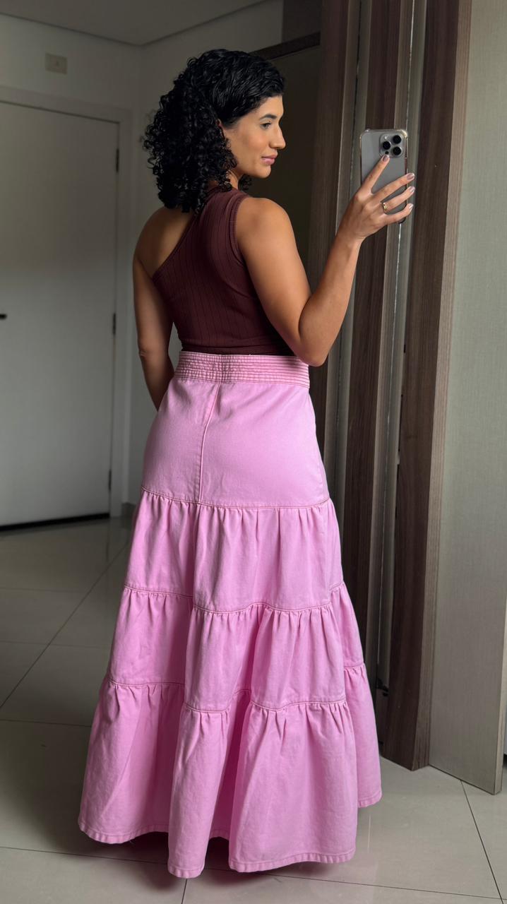 Saia longa rosa 100% algodão corte três marias com zíper e bolso - Bardôh