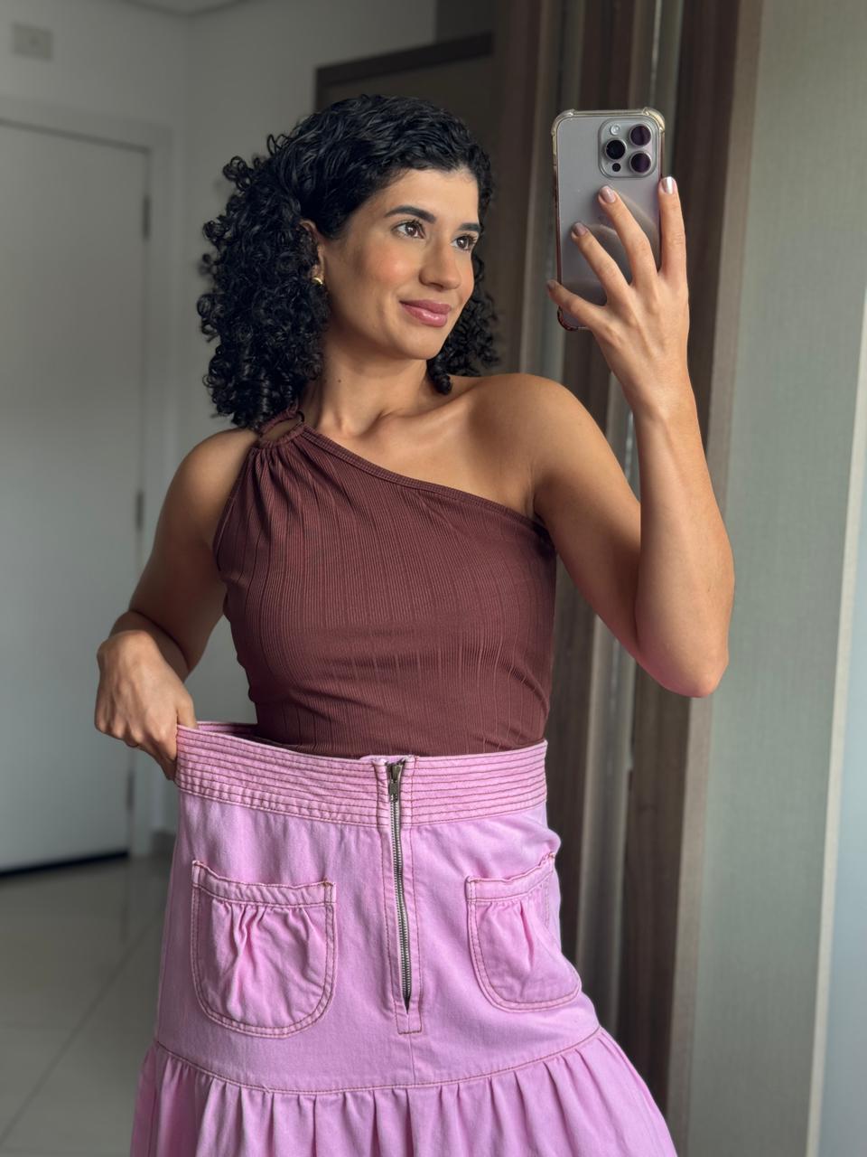 Saia longa rosa 100% algodão corte três marias com zíper e bolso - Bardôh