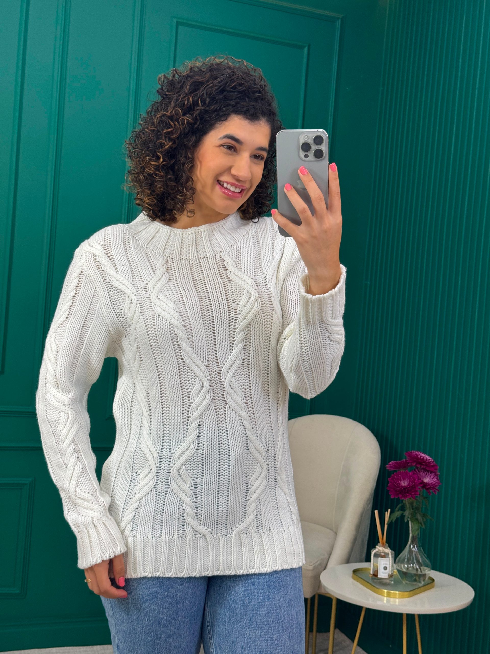 Blusa de Tricô Off White Alongada - Fina Lã