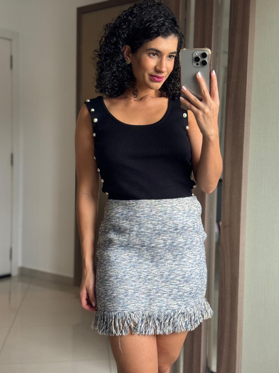 Saia Tweed Cinza e Azul com Forro, Franjas e Zíper - SK