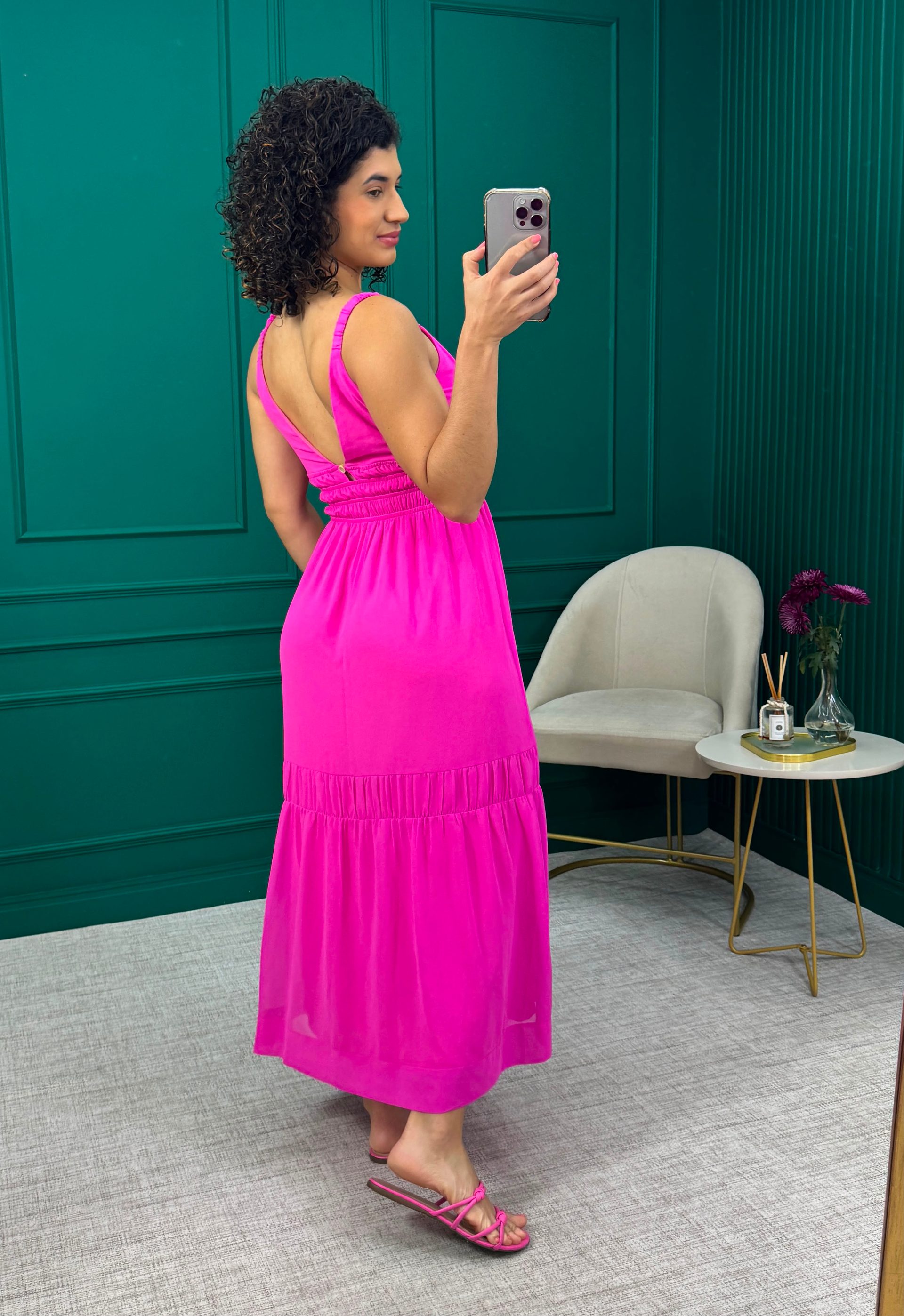 Vestido Rosa em Chiffon com Lastex e Forro - Oxo Paxo