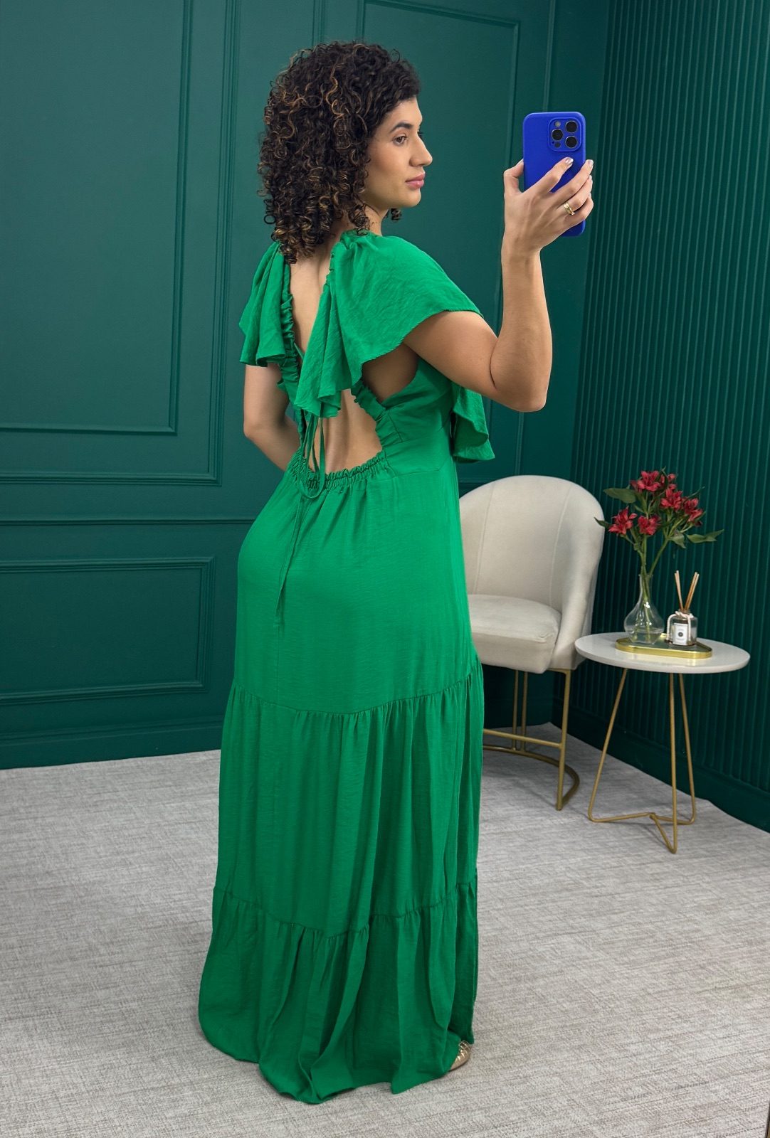 Vestido Longo Verde com Babados e Costas Abertas - Antlu's Modas