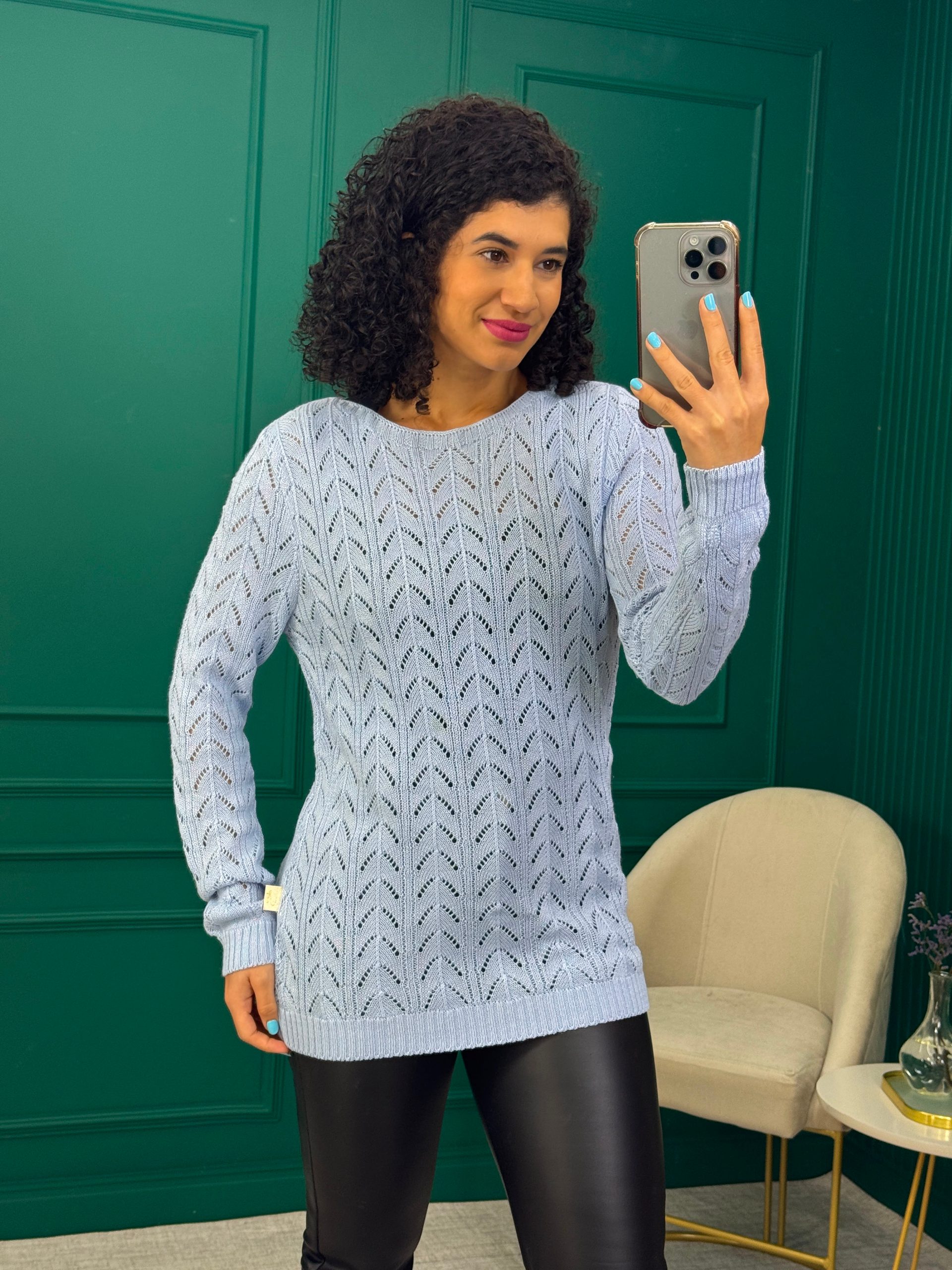 Blusa de Tricô Azul Claro Spablos