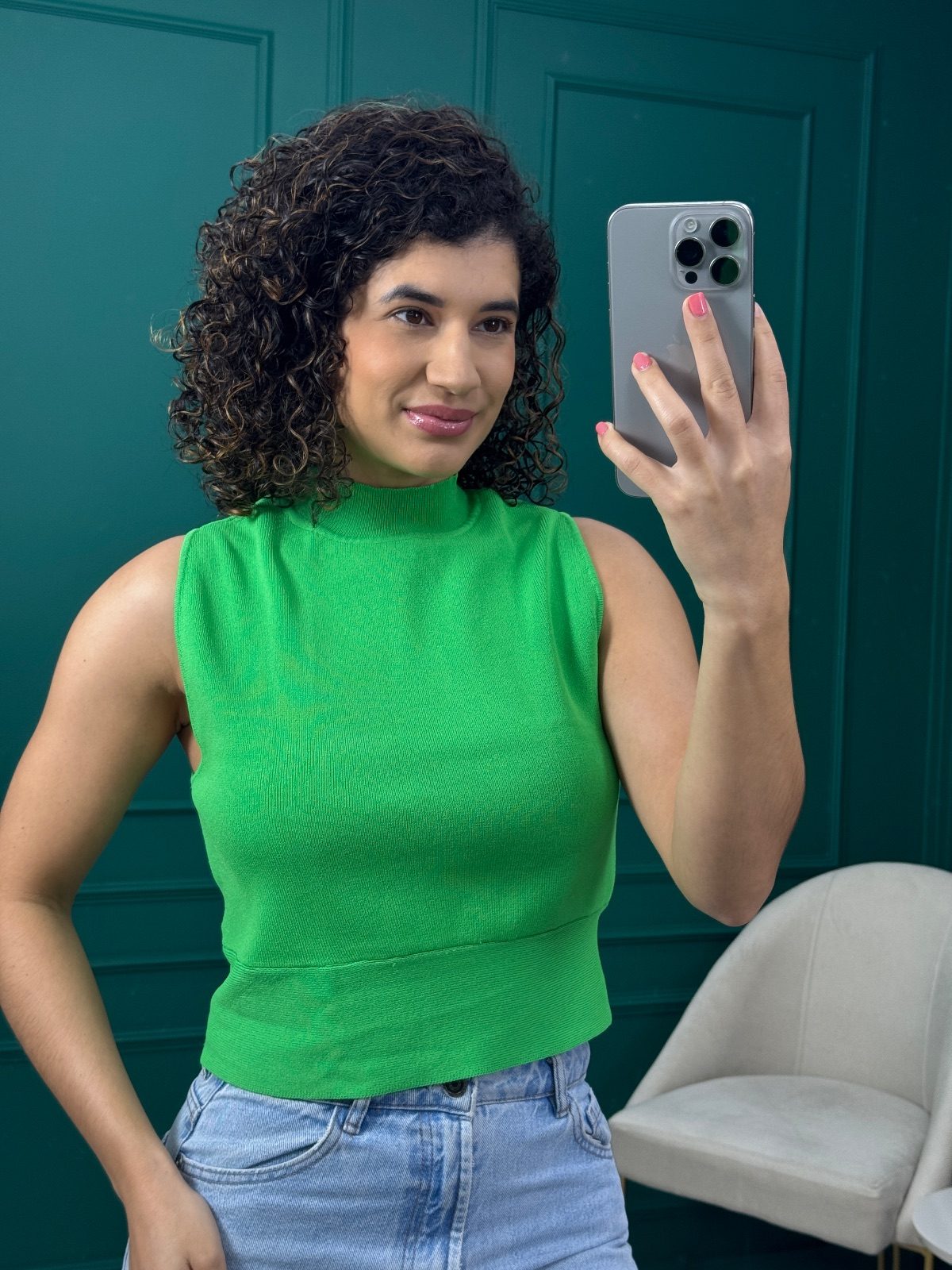 Blusa Regata de Tricô Verde Gola Alta - AK
