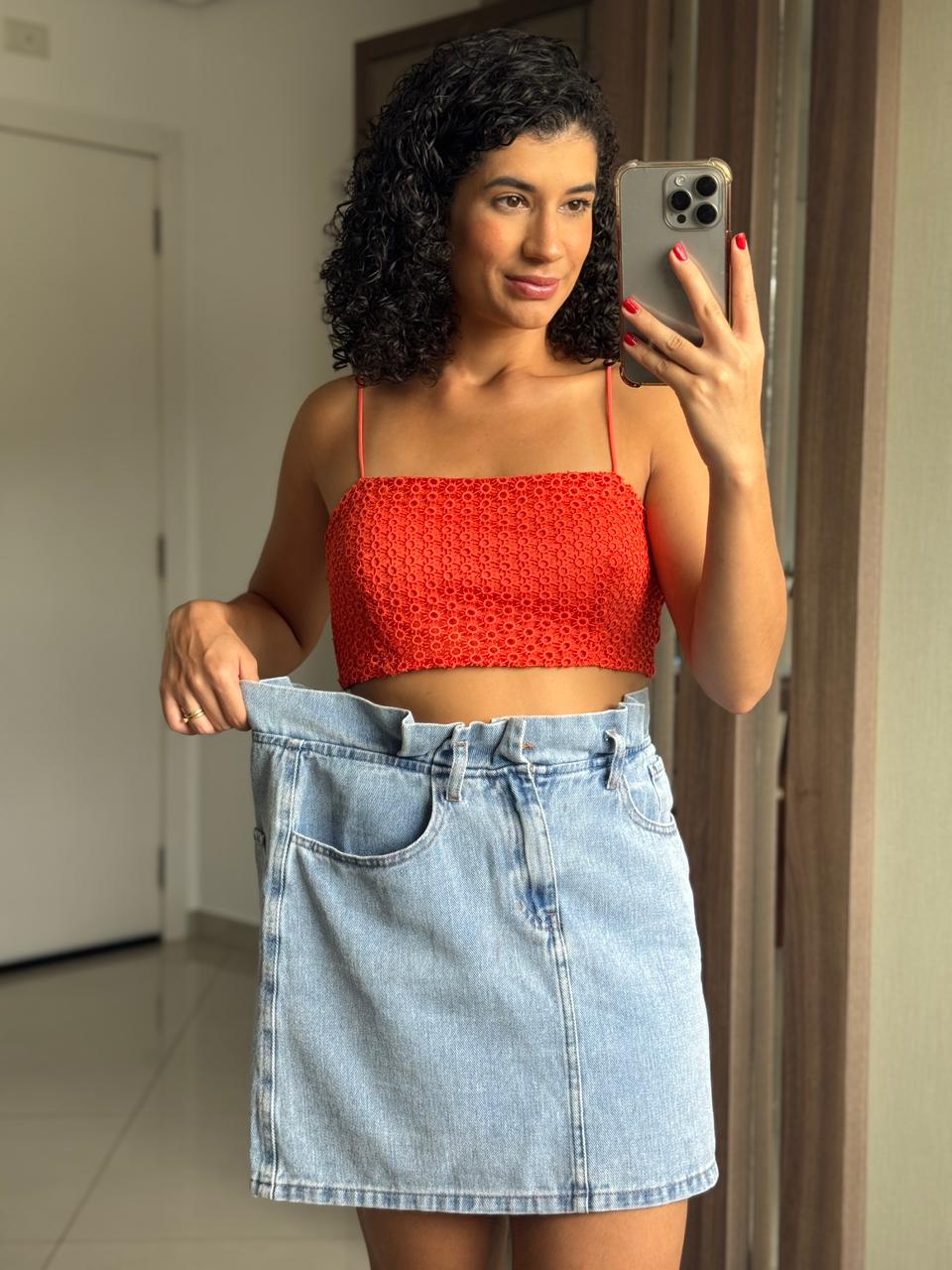 Saia jeans 100% algodão com cós clochard e fecho interno - Blue Steel