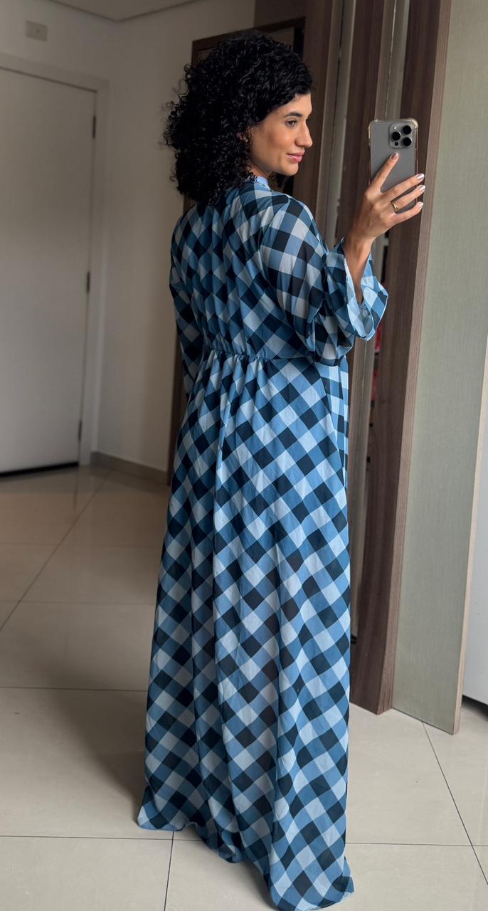 Saída de Praia Longa em Chiffon Xadrez Vichy Azul com Amarração Frontal - HUSH