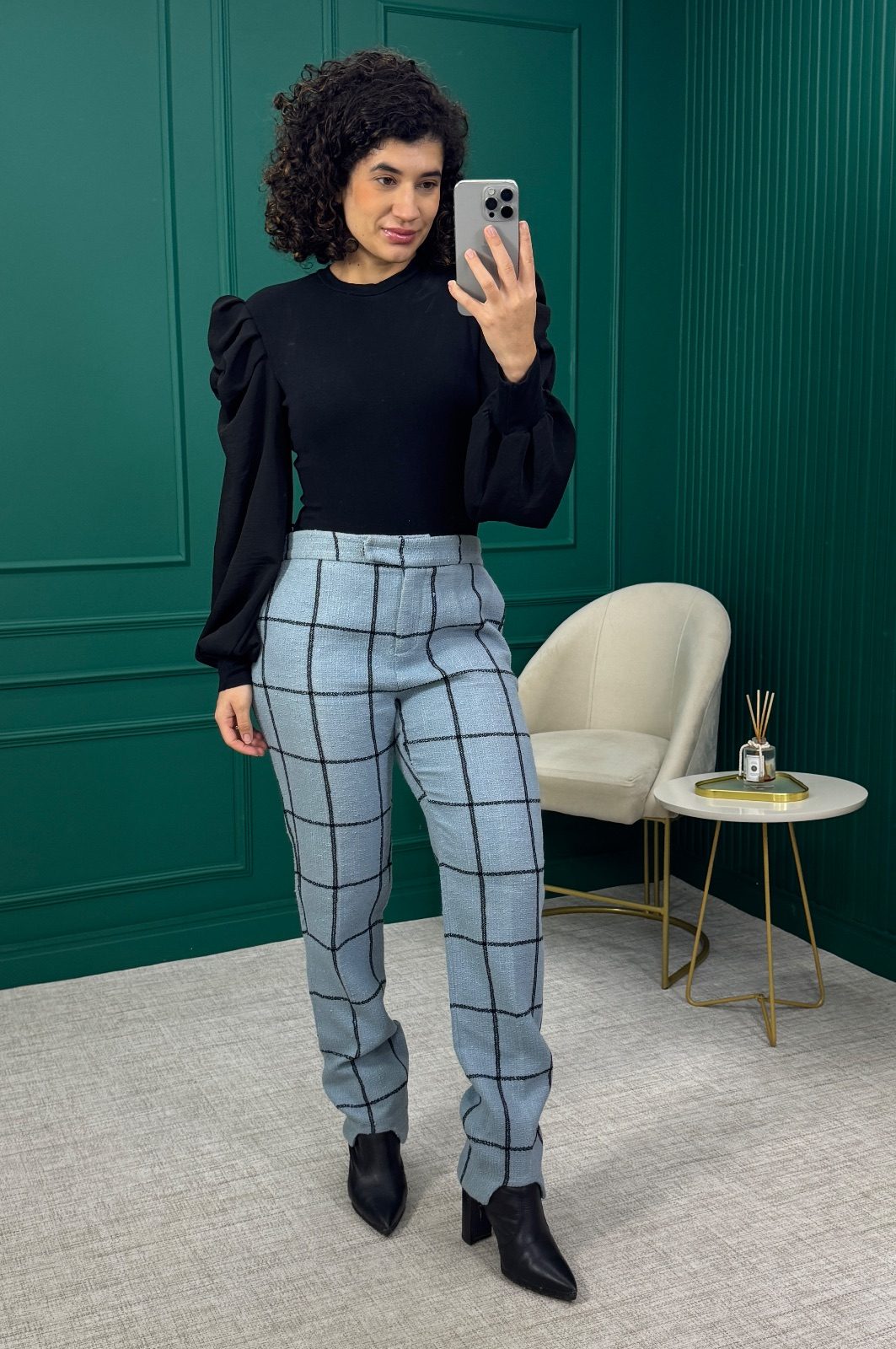 Calça de Tweed Azul Claro com Estampa Grid - Carina Duek