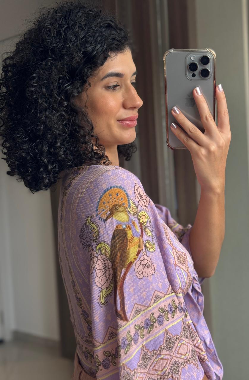 Cropped Lilás Viscose com Estampa Floral, Amarração Frontal e Botões - Coca-Cola