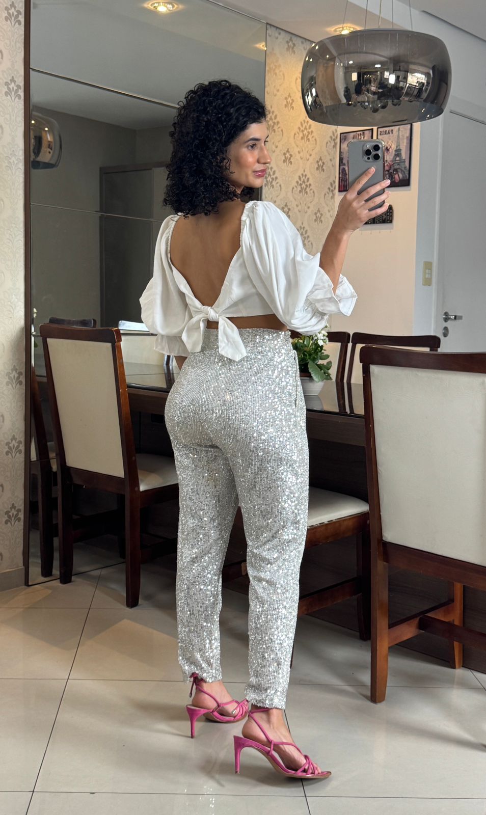 Calça branca paetê com forro - Chuá