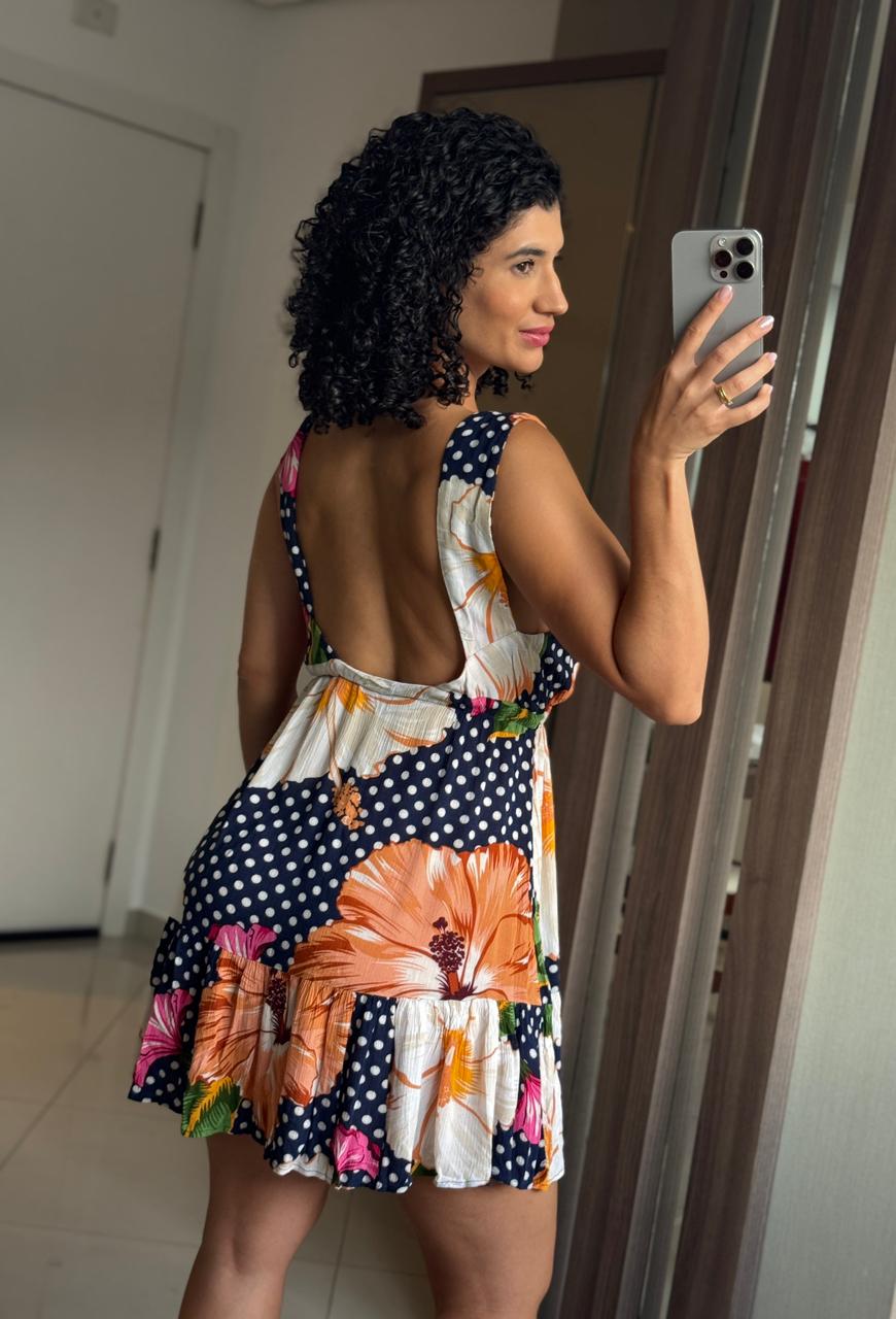 Vestido Poá Marinho Floral com Decote nas Costas e Elástico - Farm