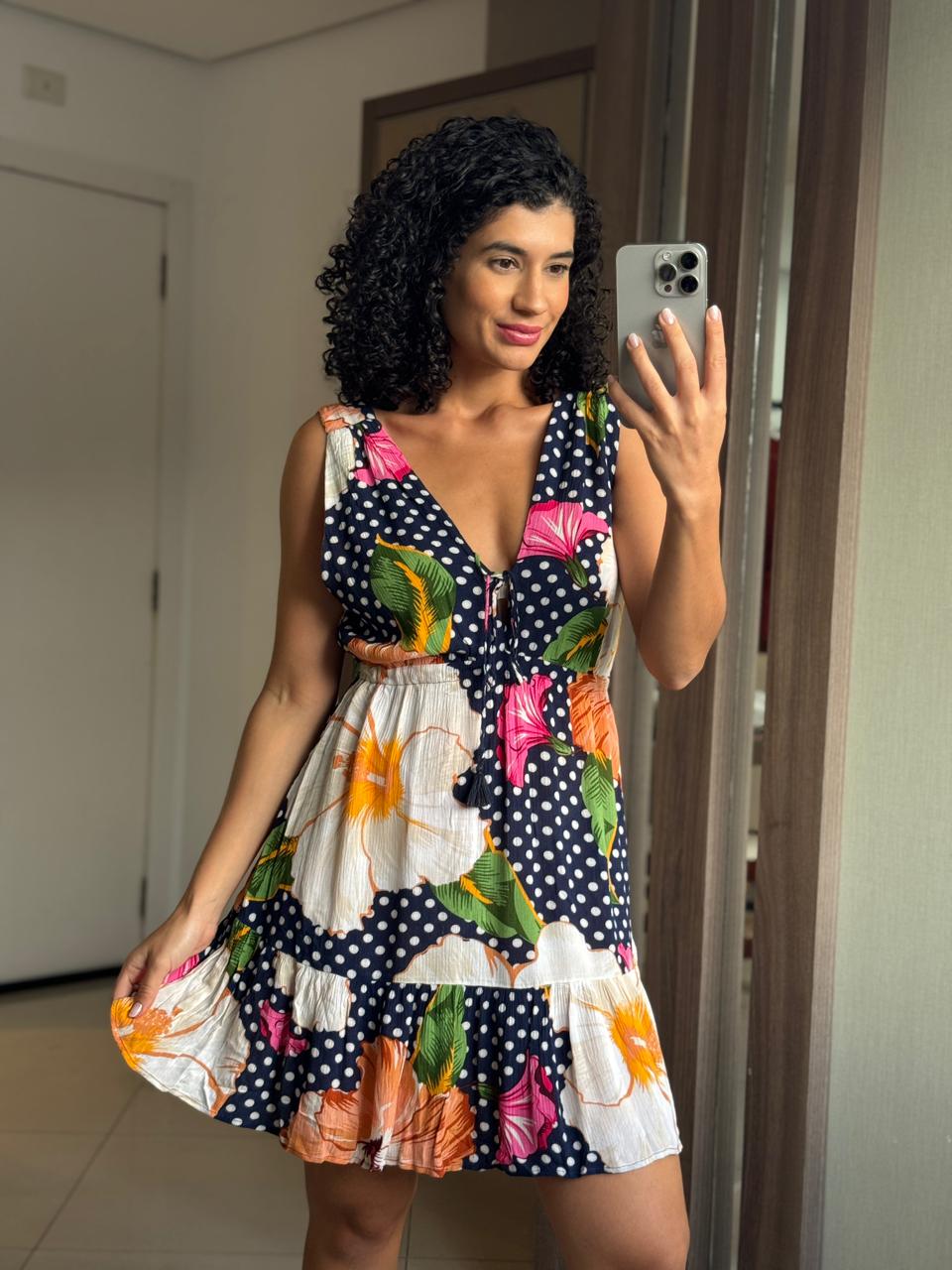 Vestido Poá Marinho Floral com Decote nas Costas e Elástico - Farm