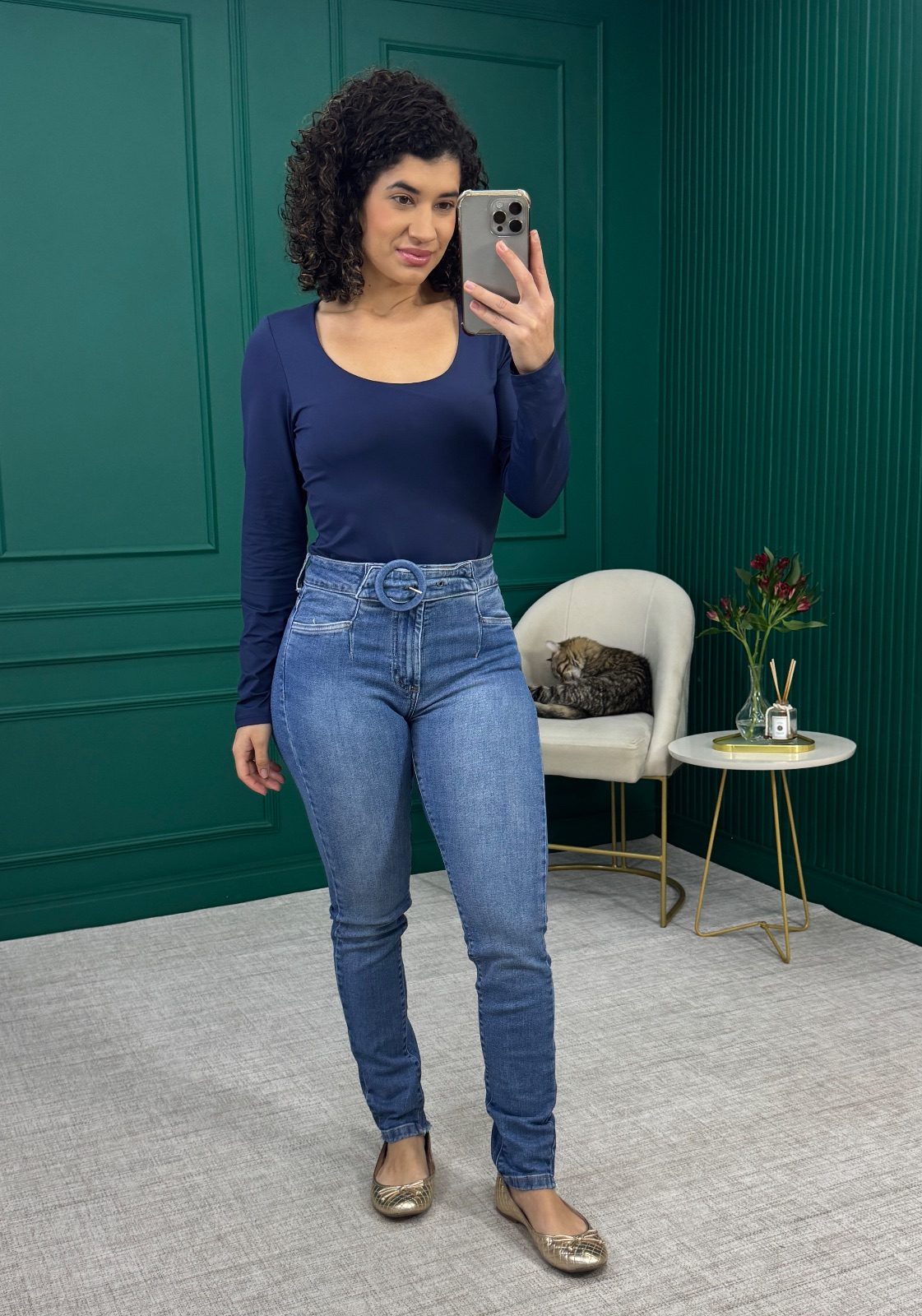 Calça Jeans Skinny Azul com Cinto Fivela Redonda - Monnari