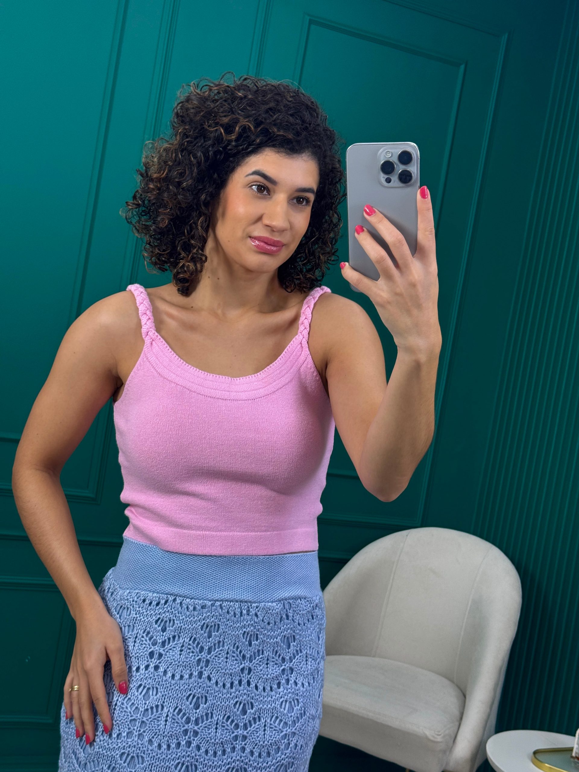 Cropped em Tricô Modal Rosa Claro com Alça Trançada - Ademar Malhas