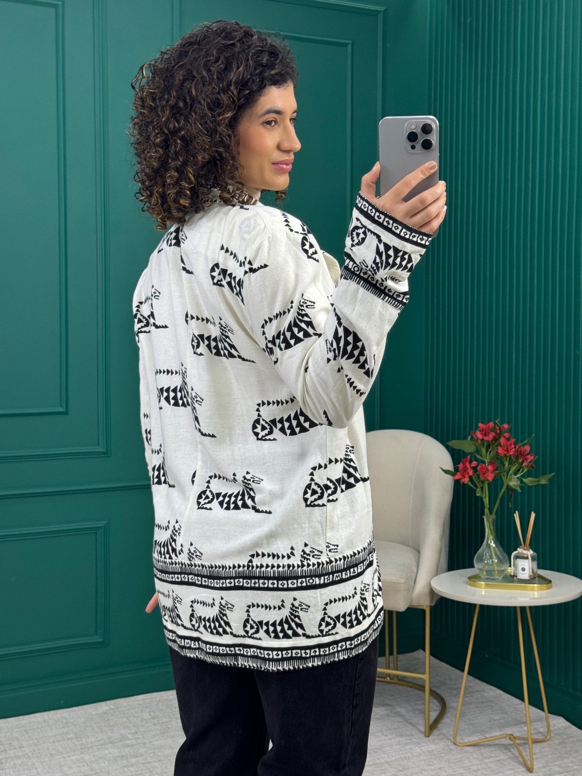 Blazer em Viscose e Linho Estampado Off White - Farm