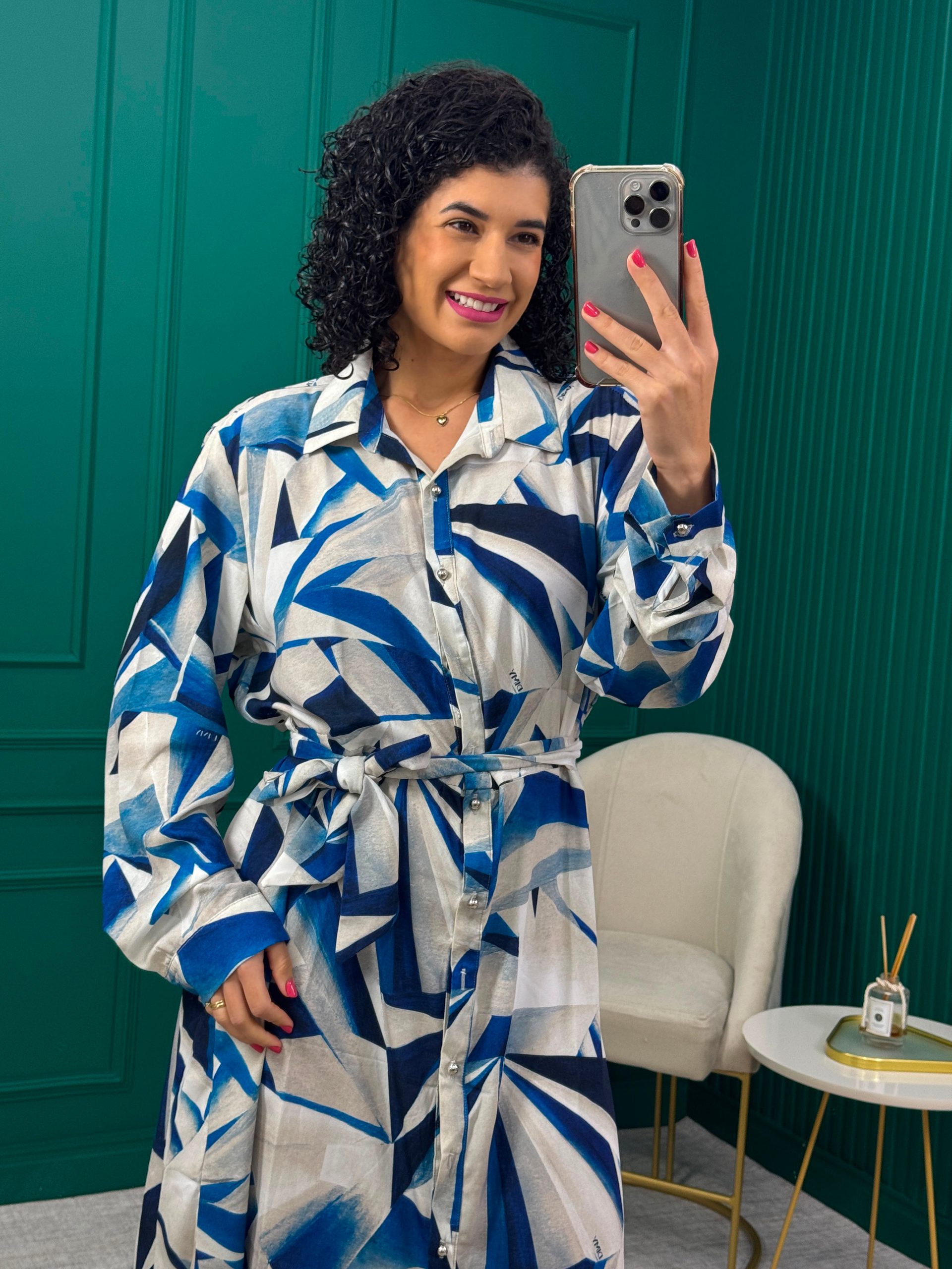 Vestido Chemise Azul Estampado com Cinto - Dimy