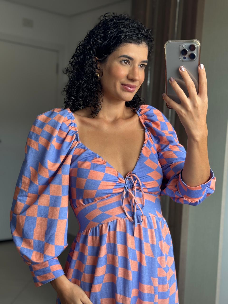 Vestido Longo Estampado Azul com Salmão com Lastex e Manga Princesa - Anna Torquato