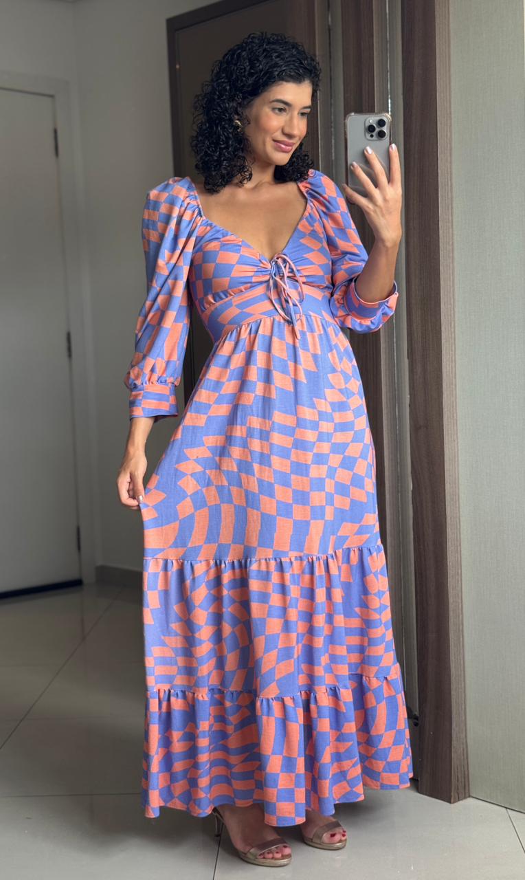 Vestido Longo Estampado Azul com Salmão com Lastex e Manga Princesa - Anna Torquato