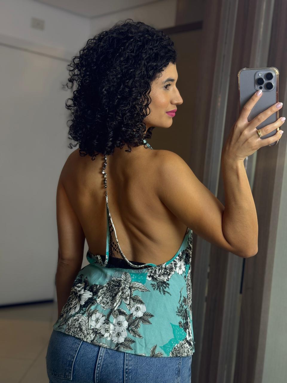 Regata Azul Claro Floral com Alça, Renda e Pedraria - Colcci
