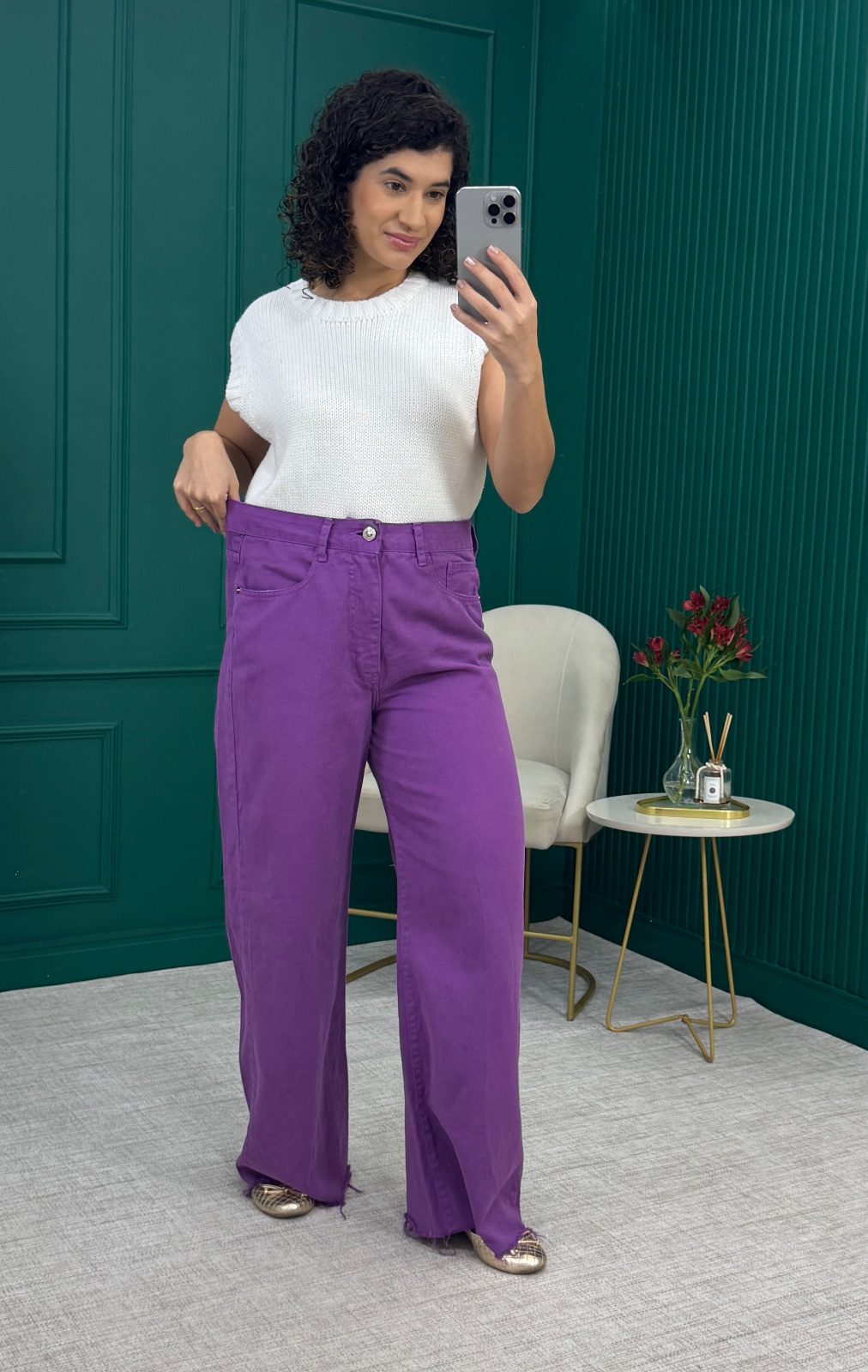 Calça Wide Leg  Roxa 100% Algodão com Bolsos - Chuá