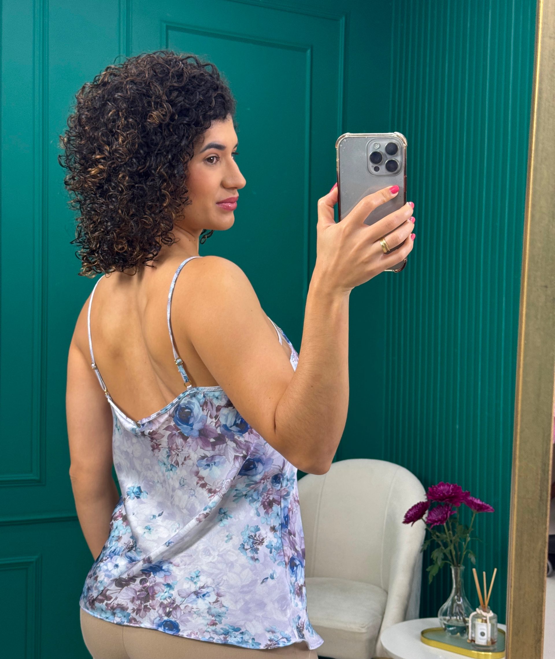 Regata de Alça Acetinada Lilás Floral com Detalhes de Tule - Angel