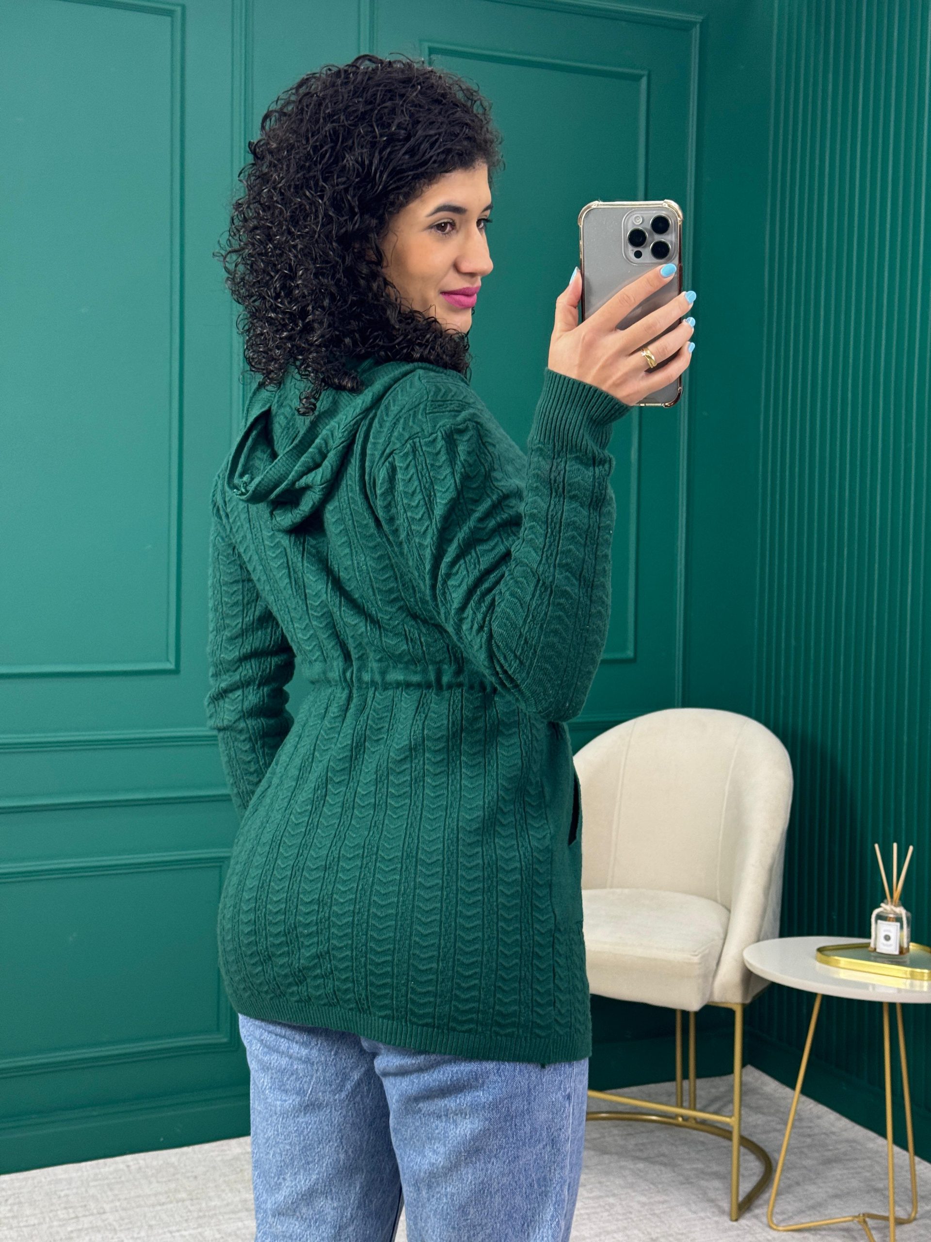 Parka de Tricô Verde 65% Algodão com Capuz e Cinto Pompom