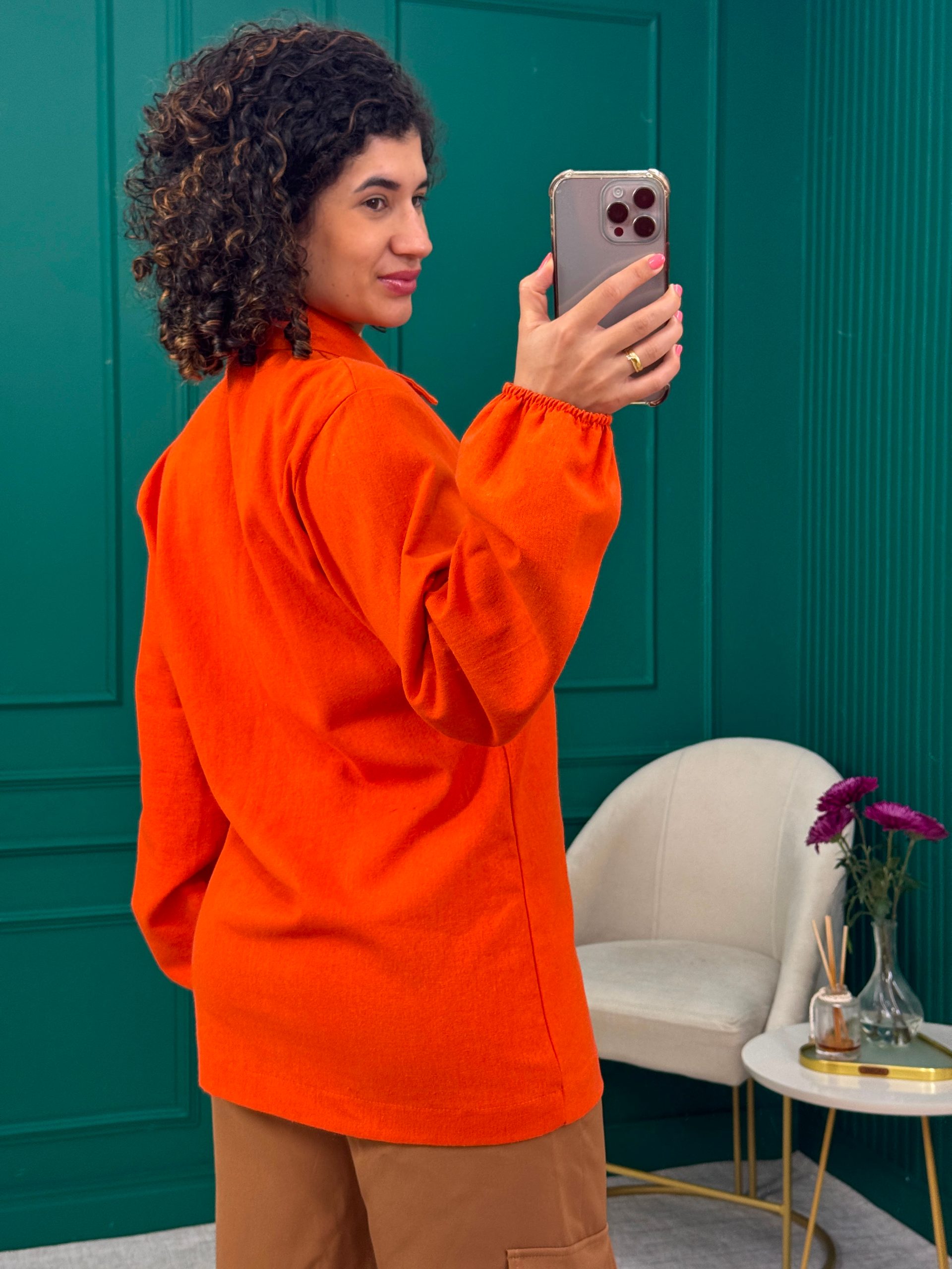 Camisa Alongada Laranja 100% Linho