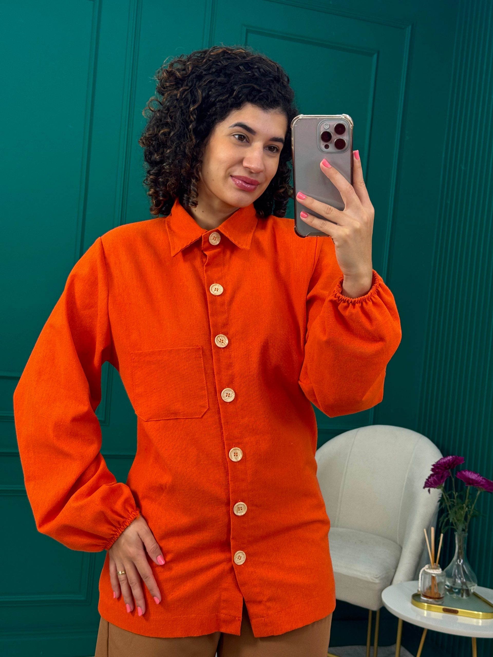 Camisa Alongada Laranja 100% Linho