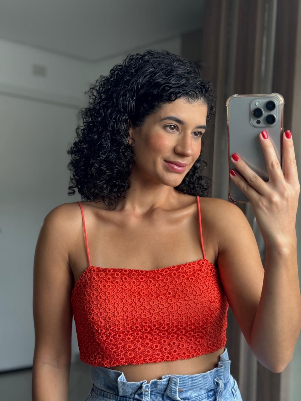 Cropped de Alça Laranja em Laise com Zíper Aparente nas Costas - Topshop