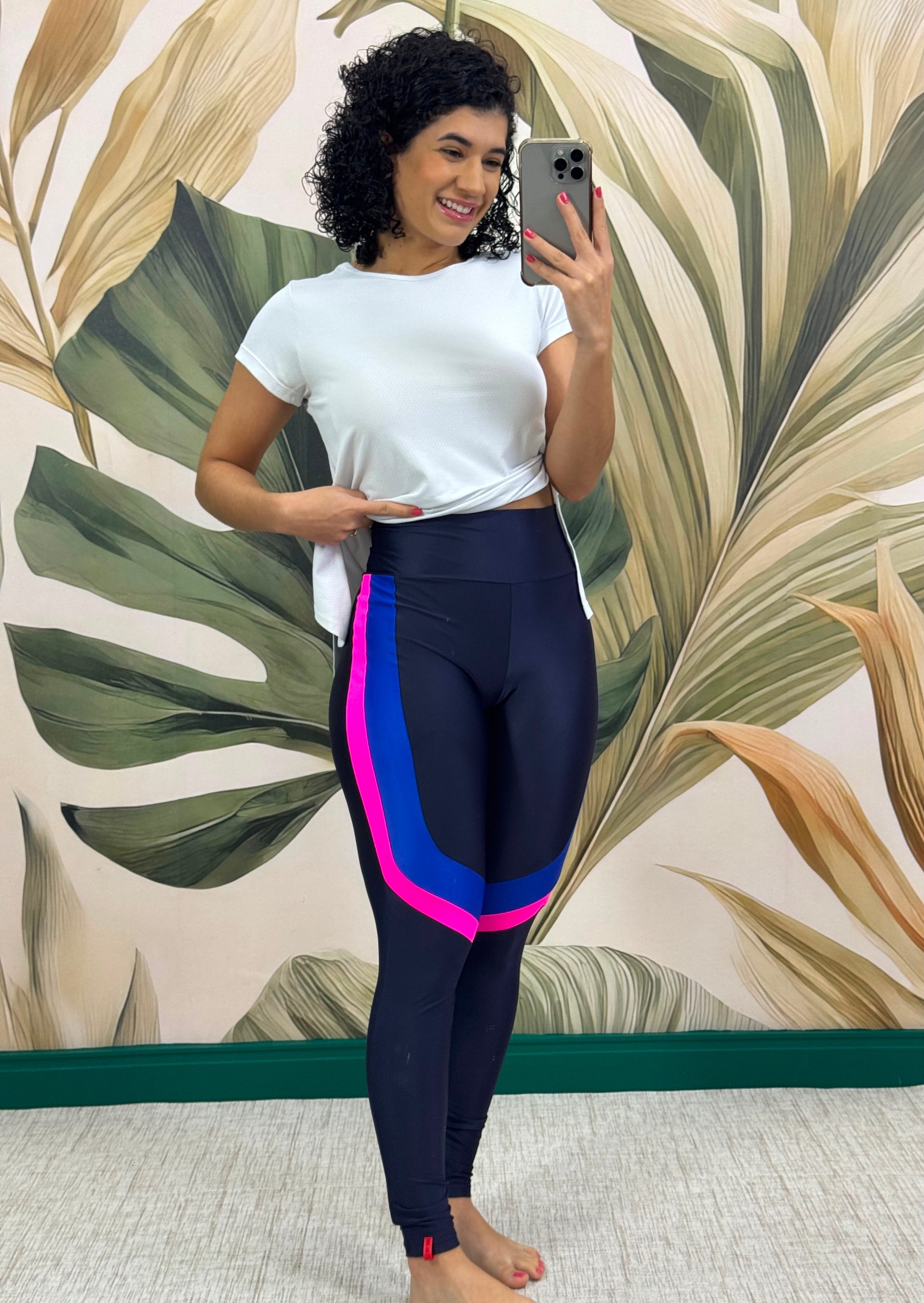 Calça Legging Azul Marinho com Faixas Azul e Rosa - Body For Sure